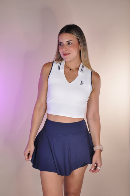 Conjunto top con cuello y falda asimetrica